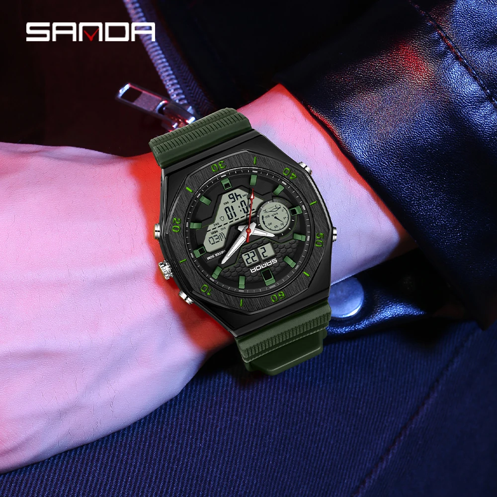 SANDA Men Sports Watches Dual Display Analog Digital LED Electronic Quartz Wristwatches Waterproof Swimming Military Male Watch