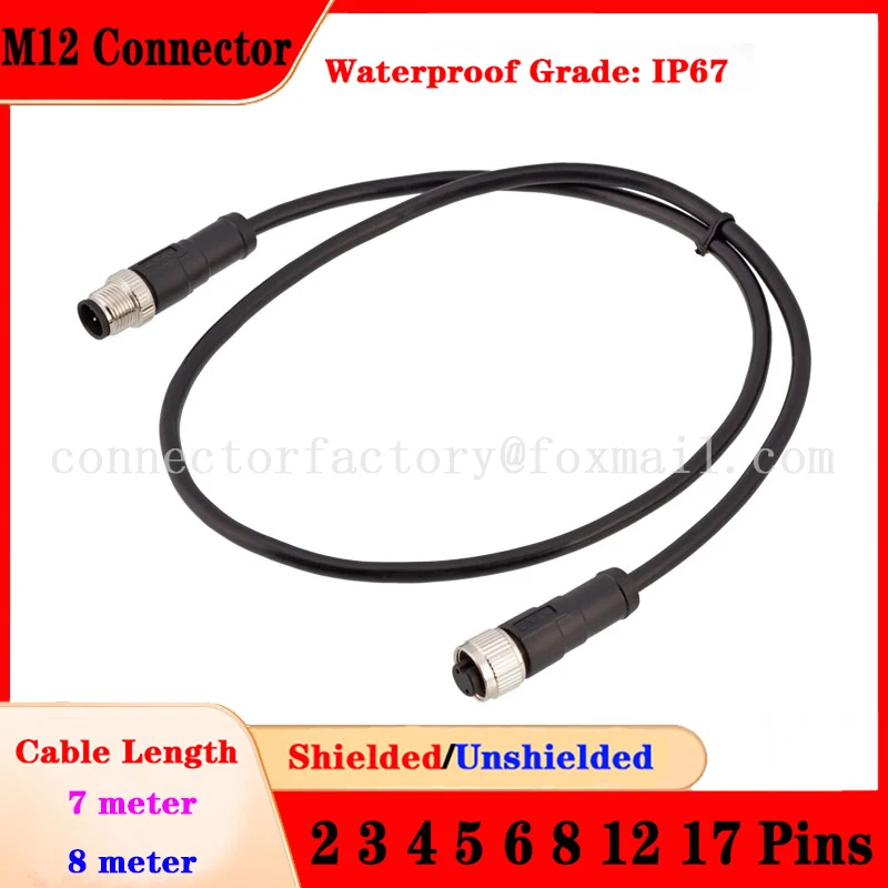 M12 2P 3P 4P 5P 6P 8P 12P 17Pins Waterproof IP67 Male Female Plug 7m 8m Shield Cable For Power Supply Signal Data Transmission