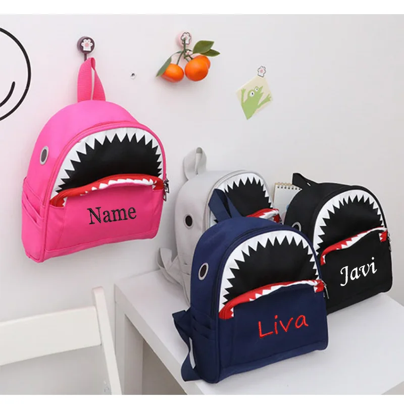 Personalized Name Backpack Kindergarten Cartoon Cute Shark Canvas Backpack Customized Birthday Gift Backpack