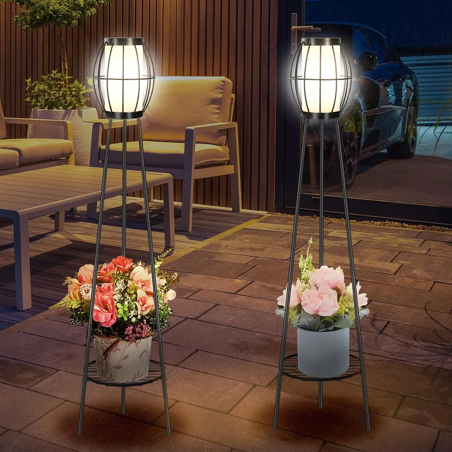

2 Pack Solar Floor Lamps with Plant Stands, Outdoor Metal Tripod Lights for Garden Patio Pathway