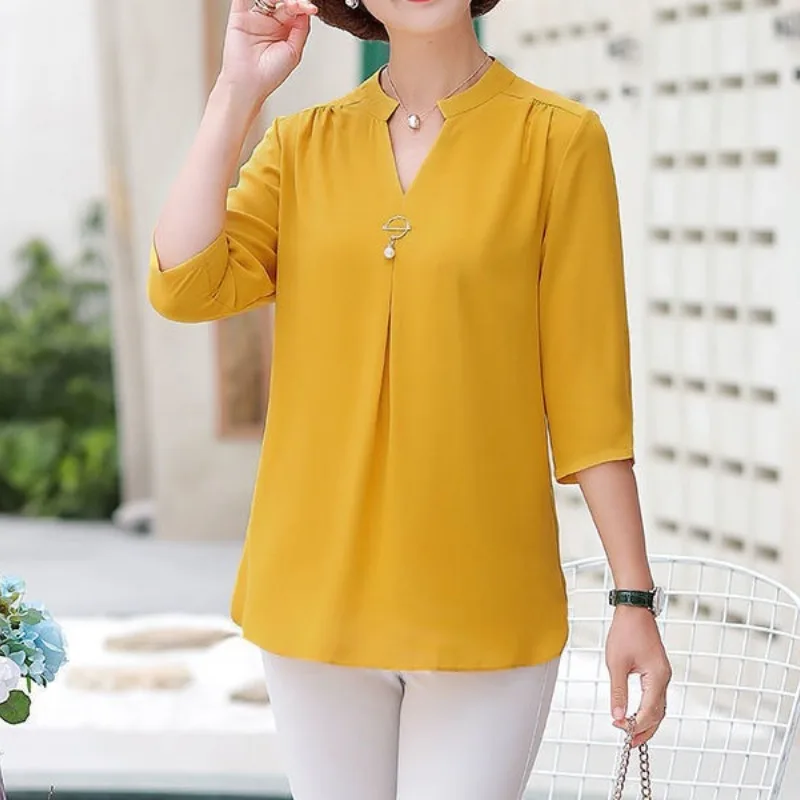 

Women's Summer Pullover V-Neck Solid Rivet Shirring Three Quarter Chiffon T-shirt Fashion Casual Elegant Office Lady Loose Tops