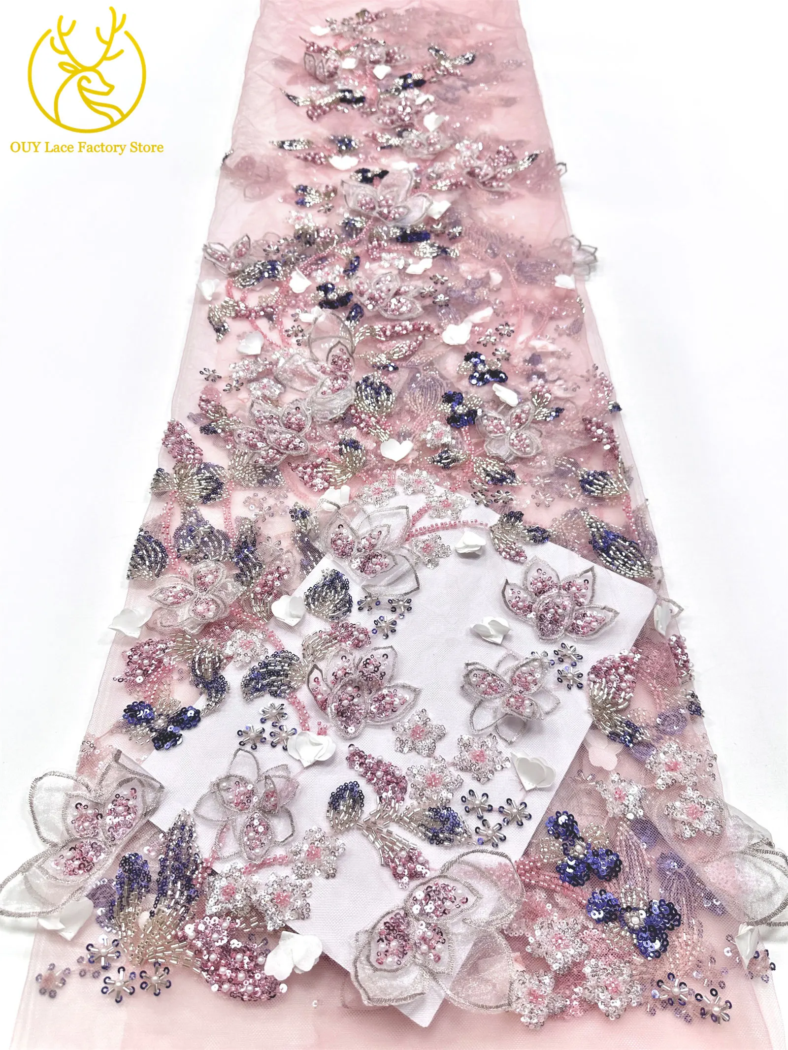 5 Yards afrikanischer 3D-Blumen-Spitzenstoff mit Perlen, 2026, hochwertiger französischer nigerianischer Stickerei-Tüllstoff zum Nähen von Hochzeitskleidern – Detail 14