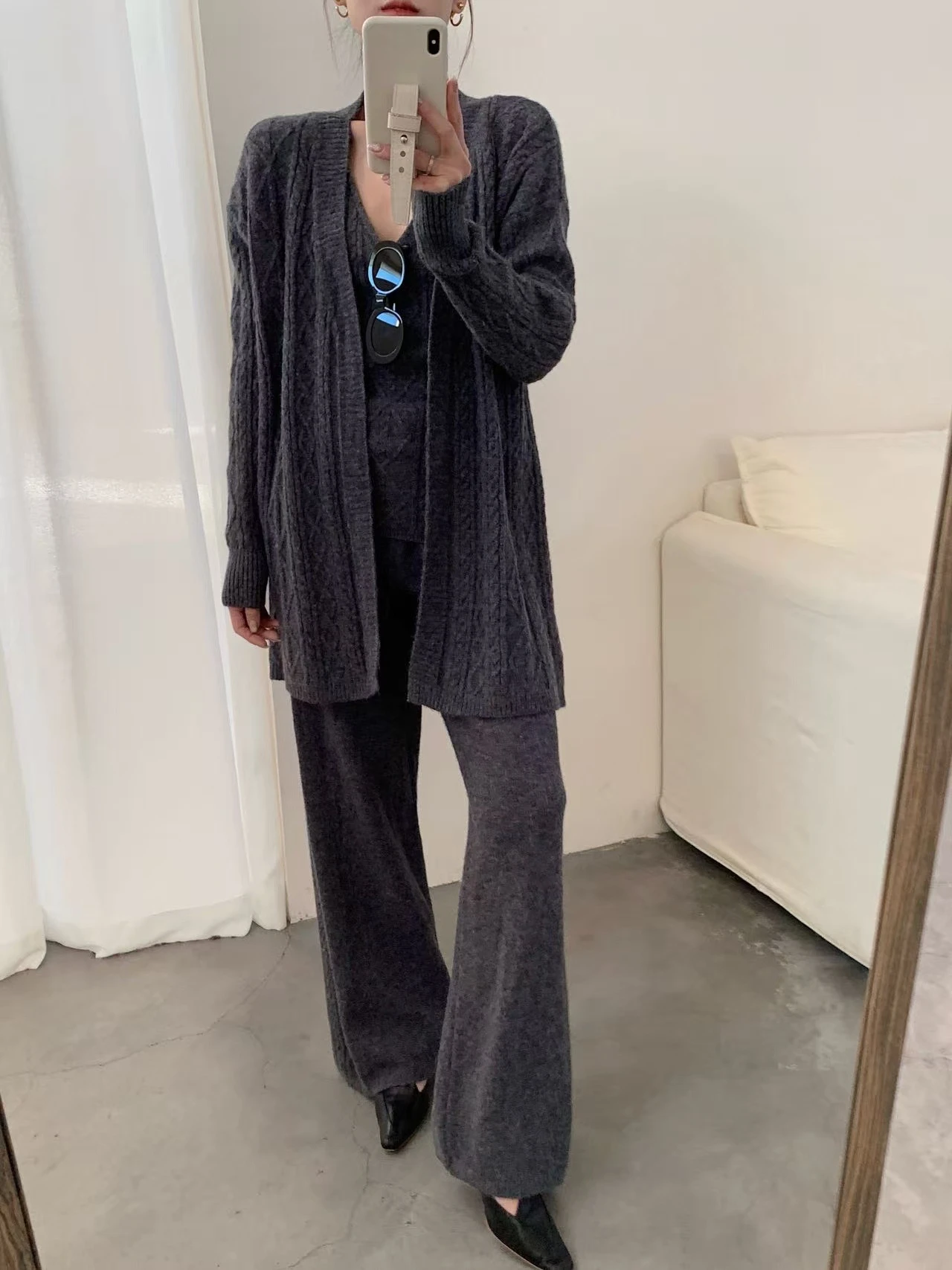 2026 Autumn Winter Women 3 Piece Knit Set Cable Pattern Open Cardigan V Neck Vest Wide Leg Pants Lounge Wear