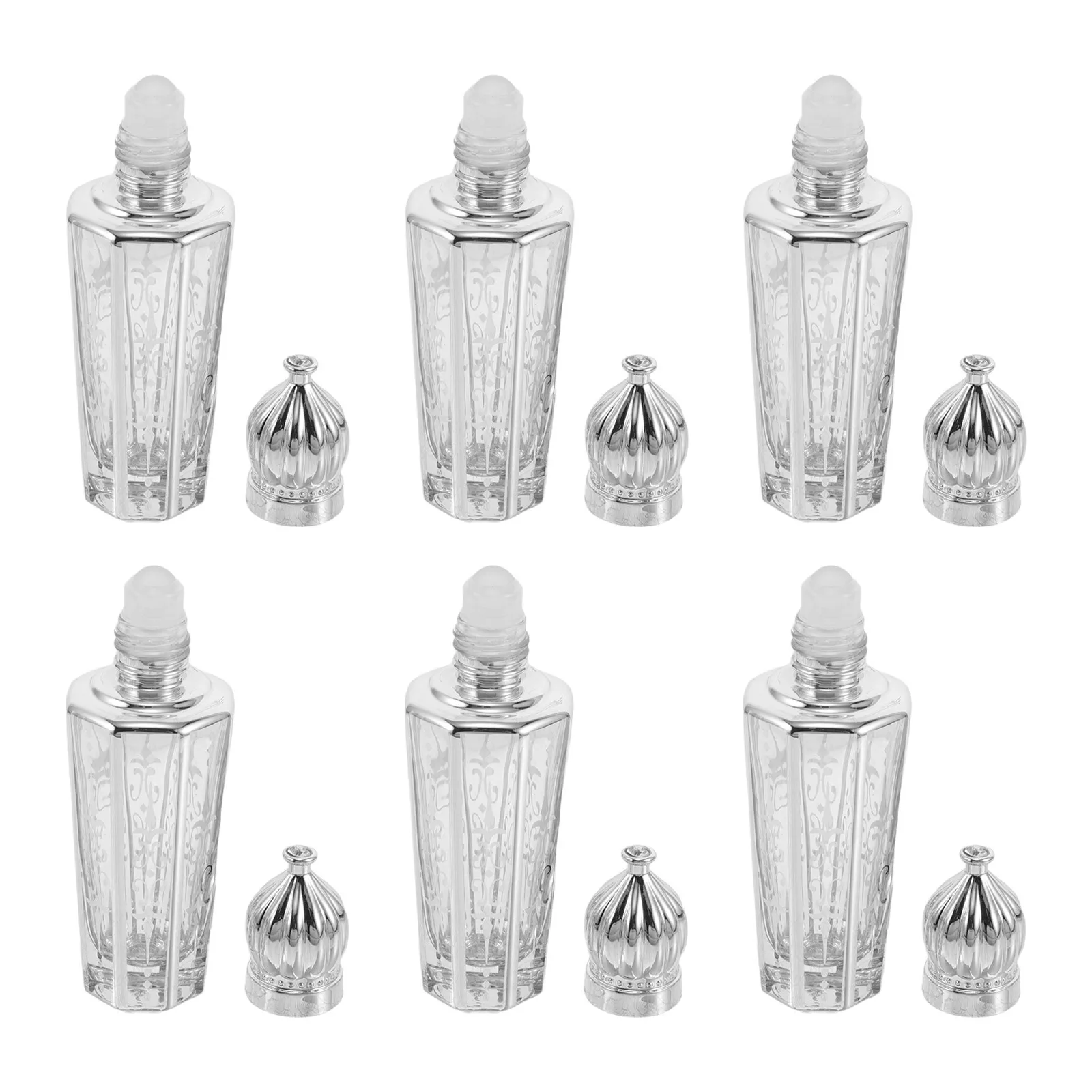 6 uds. Botellas con rodillo de vidrio de 15Ml para aceites esenciales, Perfume, tamaño de viaje, viales roll-on recargables, tapa plateada, diseño de arte islámico