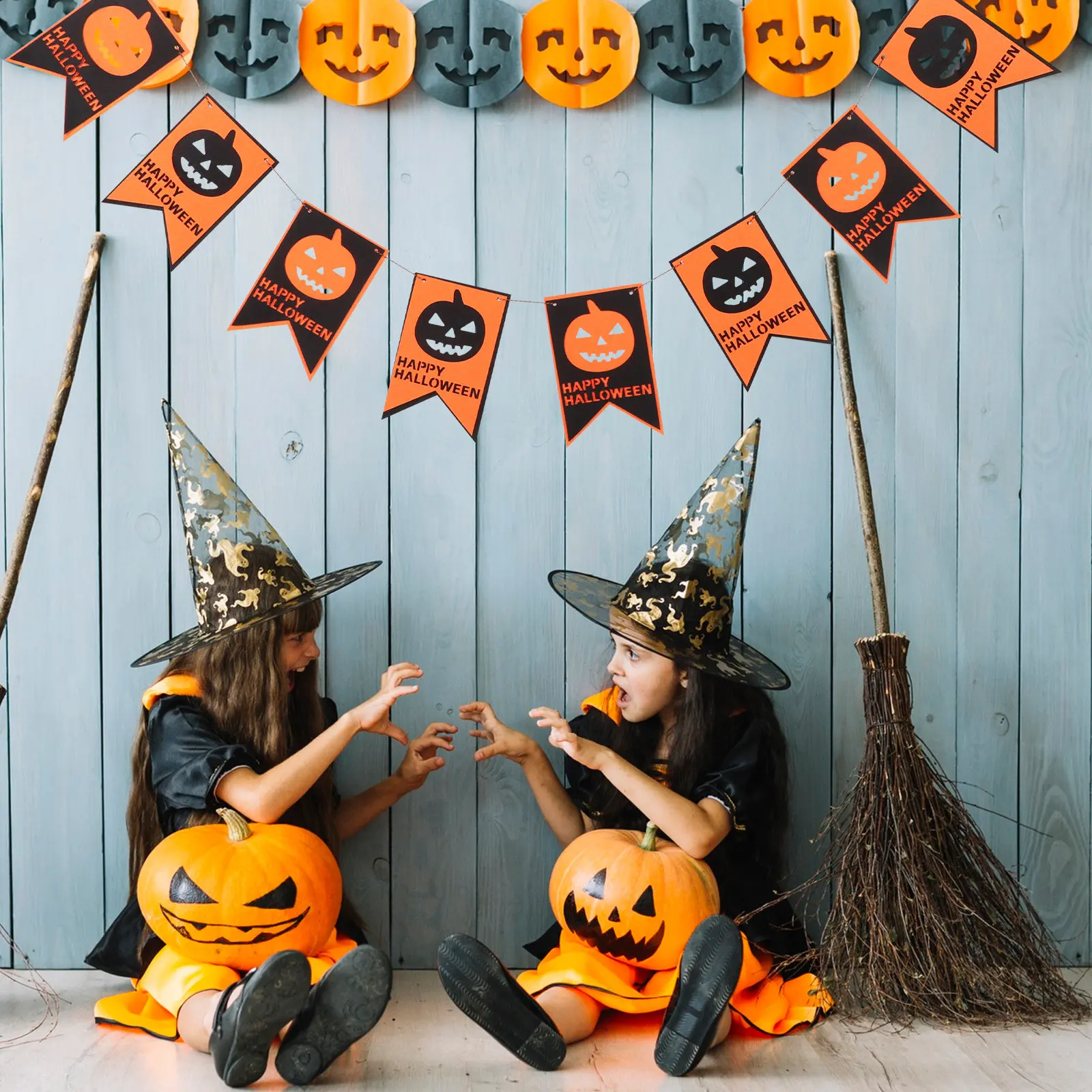 2Pcs Bunting Fabric For Wall Hanging Decor Fall Decor Halloween Party Banner Pumpkin Theme Orange Black Spooky