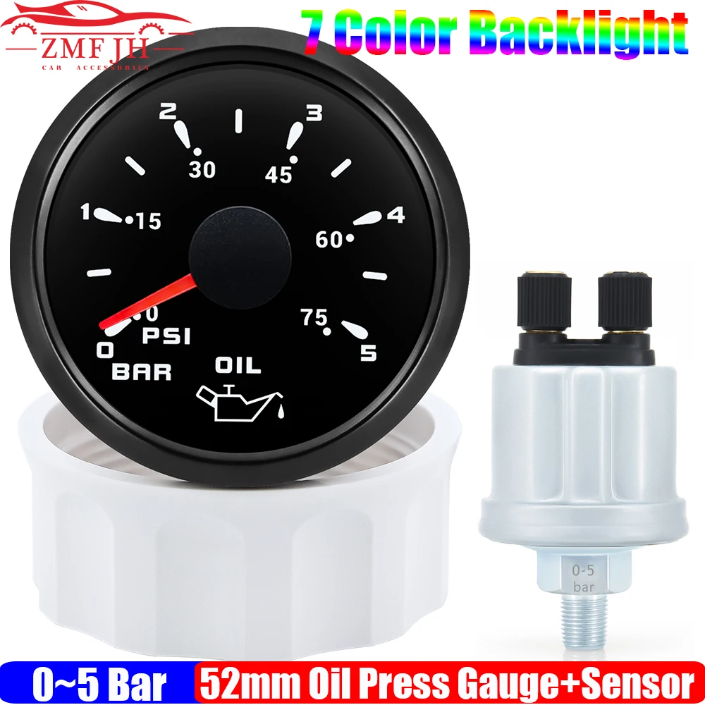 Auto Car 52mm Oil Pressure Gauge+Sensor 1/8NPT 7 Color Backlight 0~5 Bar Oil Pressure Meter with Sensor RV Marine Boat 12V24V