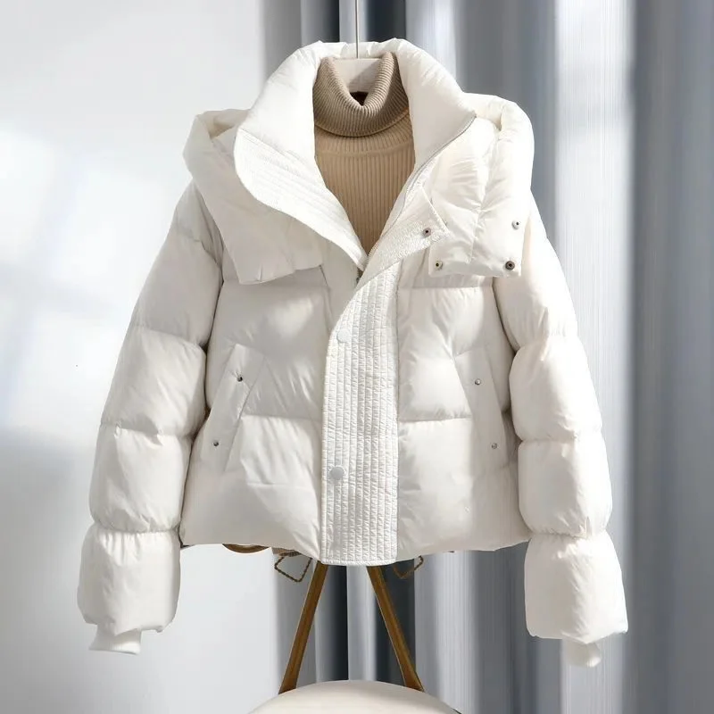 2022 Real Shot Thicken Down Jacket Women Winter Short White Duck Down Coat Hooded Parka White Black Yellow Khaki Loose Warm Coat