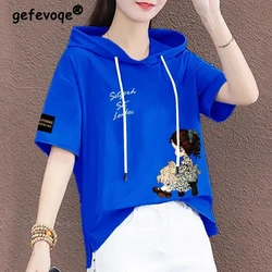 Women Summer Trendy Y2K Cartoon Print Drawstring Cotton Hooded T-shirt Korean Style Casual Short Sleeve Loose Pullover Tops Ropa