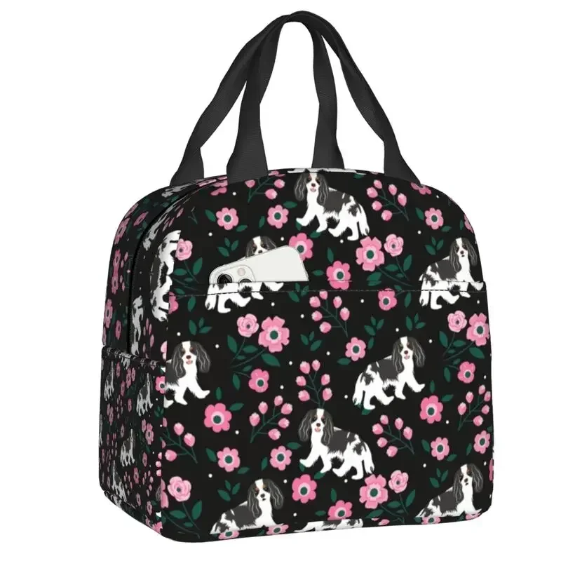 Black White Cavalier King Spaniel Dog Insulated Lunch Bag Playing At Night In A Garden Cooler Thermal Lunch Box Children