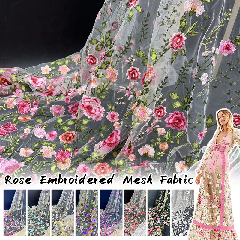 

1 Yard 3D Floral Embroidery Rose Flower Fabric Elegant Tulle Mesh Lace Fabric DIY Sewing Bridal Weding Dress Costume Crafts