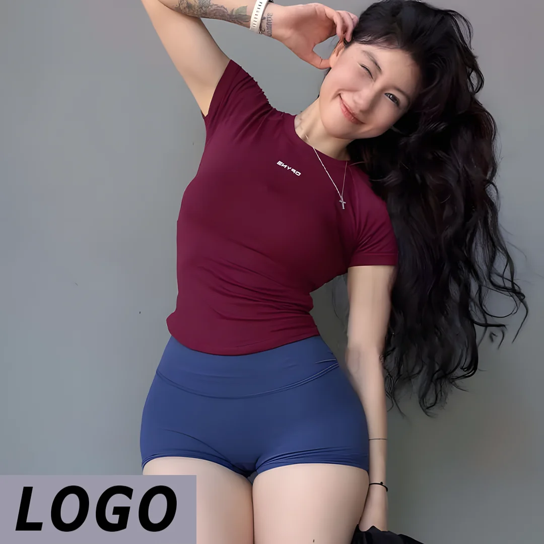 DF-LOGO Women Crew Neck Short Sleeve Sports T‑Shirt Slim Fit Breathable Quick Dry Gym Yoga Running Cycling Daily Casual Fitness