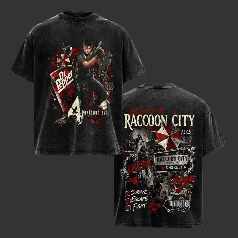 Resident Evil Leon S. Kennedy Print Tee Men Women Washed Cotton T-shirts Game Vintage T Shirt Harajuku Male Short Sleeve Tshirt