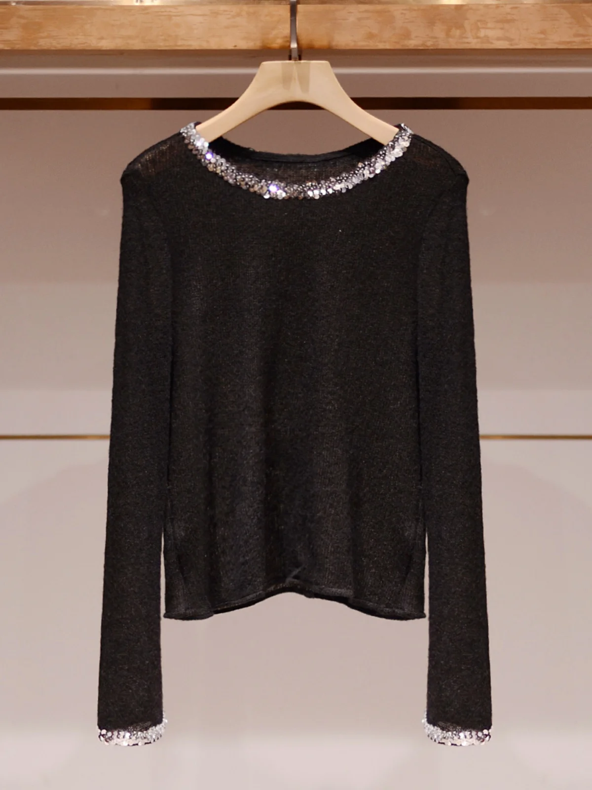 

Трикотажный топ JOOva Commute Slim Fit с круглым вырезом, легкий, с пайетками, для повседневной носки, базовый слой, облегающий крой