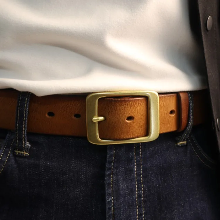 

Men's fashionable brass buckle casual versatile retro leather belt Ami Khaki handmade belt