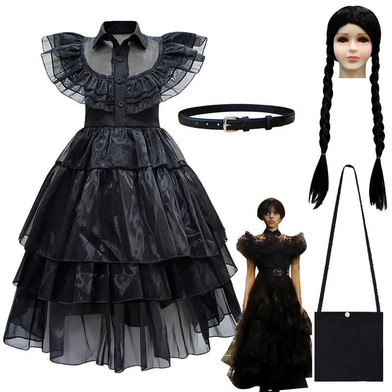 

Wednesday Girls Dresses Movie Addams Cosplay Costume Gothic Wind 2023 Fantasia Wandinha Vestidos Party Gown Wigs Bags Dress