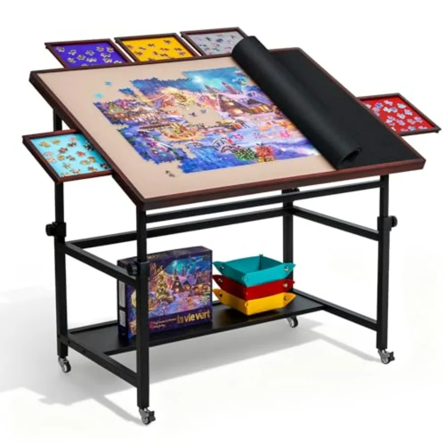 

1500 Piece Tilting Puzzle Table for Adults: Wooden, Natural Wood Color, Angle Height Adjustable Board with 5 Colored Drawers, C