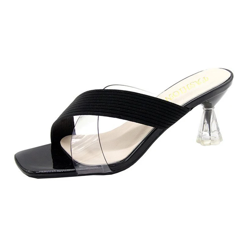 See-through heels flip-flops for women summer 2025 with thin heels and square peep-toe Roman sandals