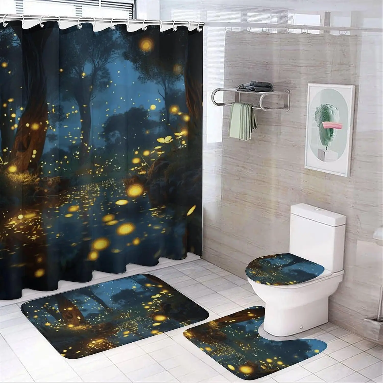 

Fireflies Shower Curtains Set 4 Piece with Non-Slip Rugs, Toilet Lid Cover and Bath Mat Soft Bathroom Carpet Waterproof Bathroom