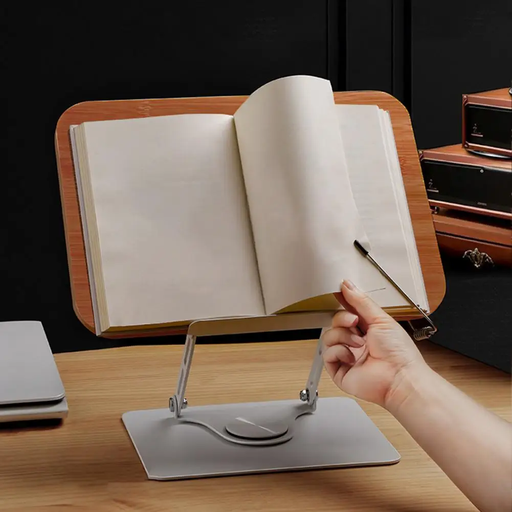 Soporte de bambú ajustable para libros, soporte giratorio de 360 grados, manos libres, altura ajustable, escritorio