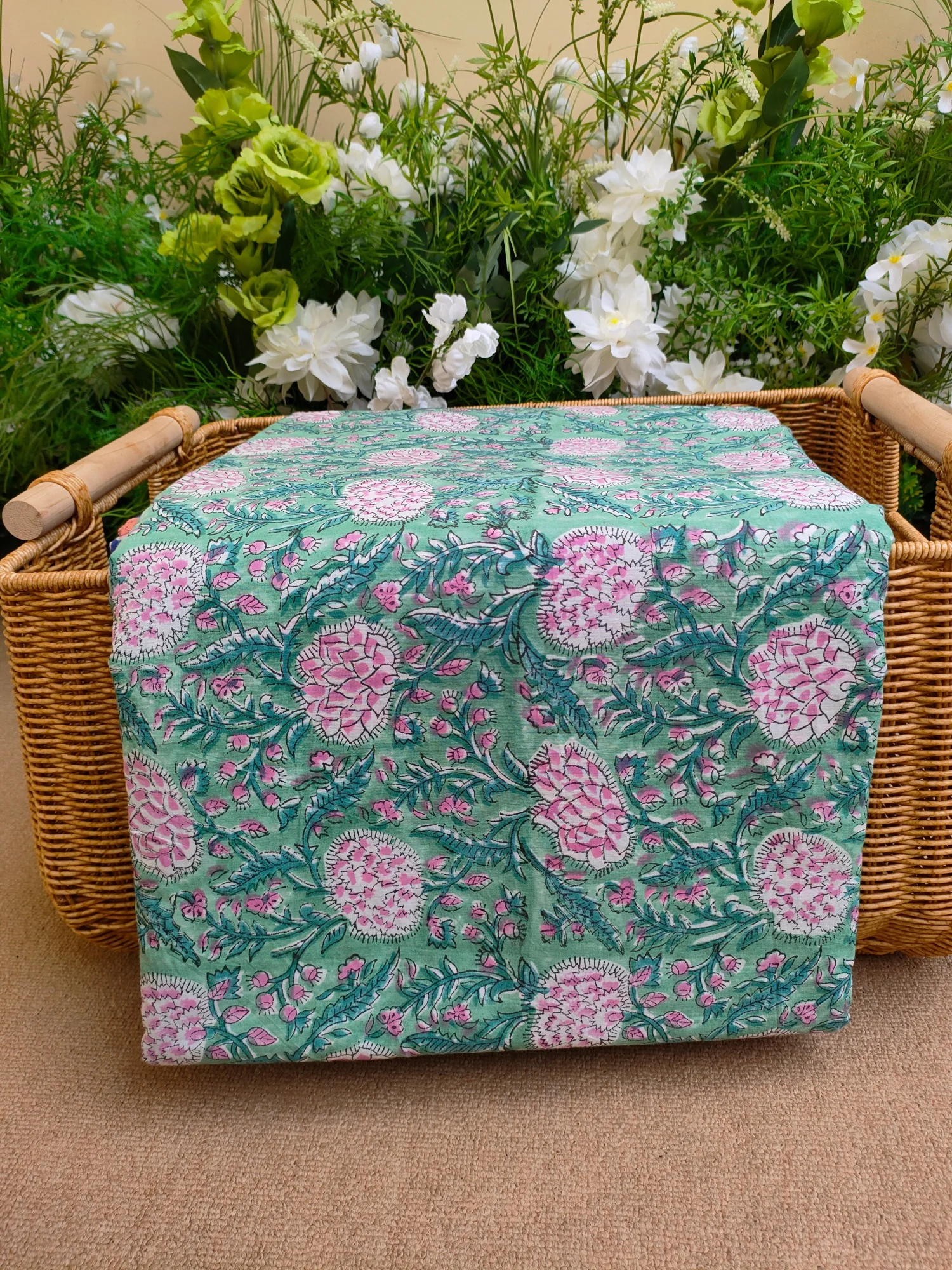 

India Block Print Large Green Floral Printed Ideal for DIY 100% Natural Dyed Ec Friendly Cotton Fabric