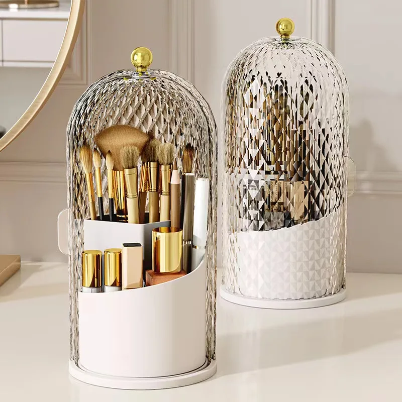 Diamond Birdcage Makeup Brush Holder with Lid 360 Rotating Clear Dustproof Makeup Brushes Organizer for Vanity Lipstick Holder