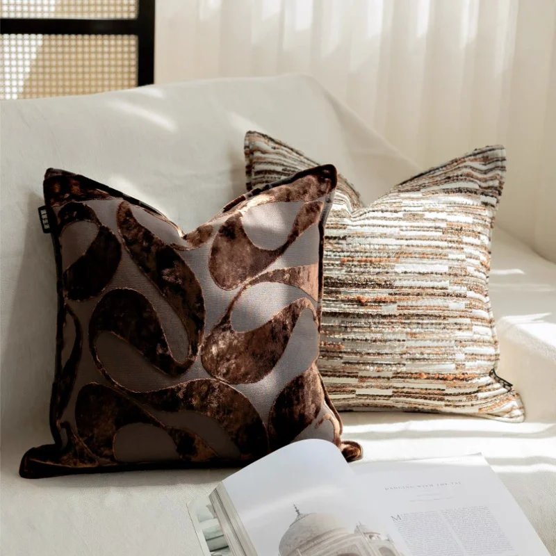 Brown Velvet Jacquard Pillows Modern Geometric Cushion Case Classical Stripe Decorative Pillow Cover For Sofa Chair Home Decora