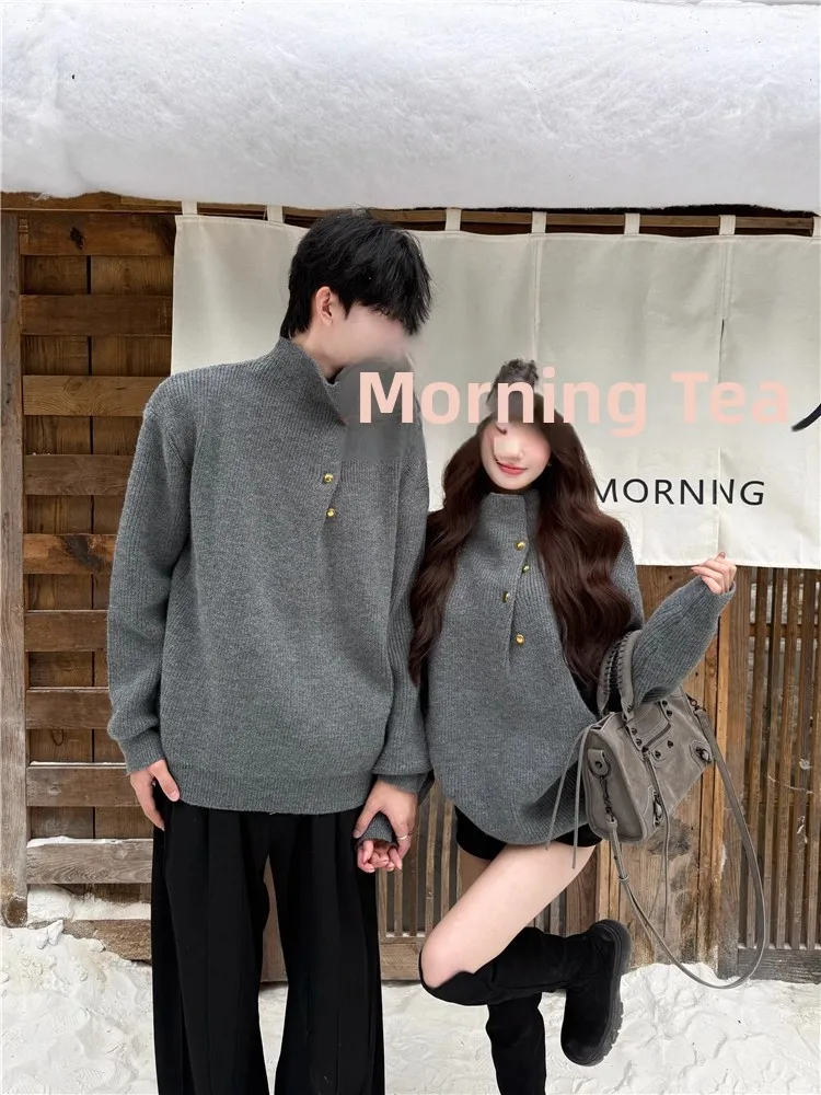 Gray Knitted Sweater Couple Matching Button Design Casual Style Midweight Long Sleeve Loose Fit Knitwear for Men And Women