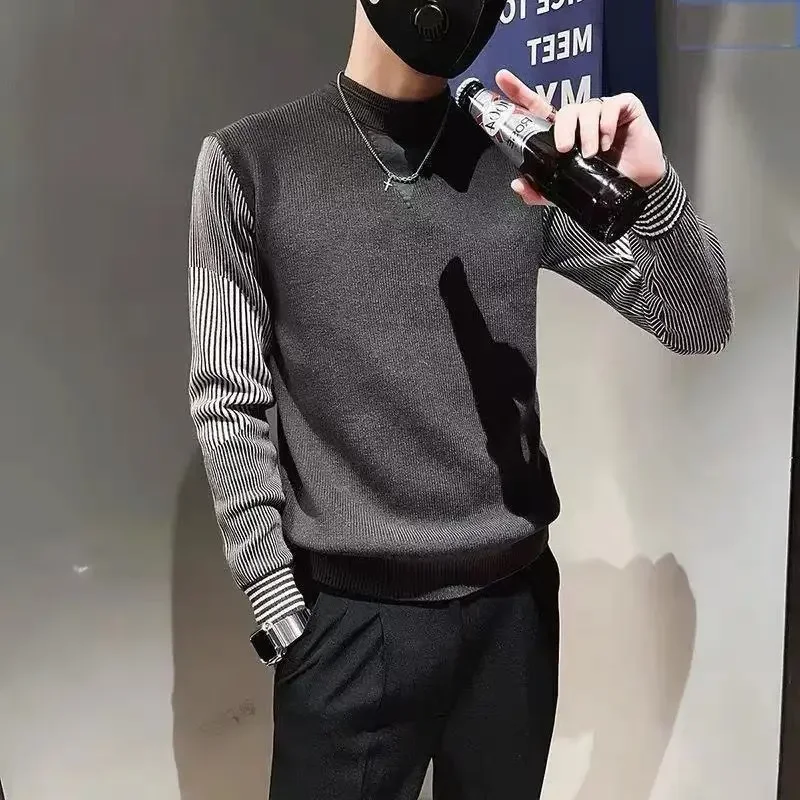 

Male Clothes Pullover Half Collar Sweatshirt for Men No Logo Knit Sweater Top Slim Fit Striped Hoodieless Winter New in Brand S