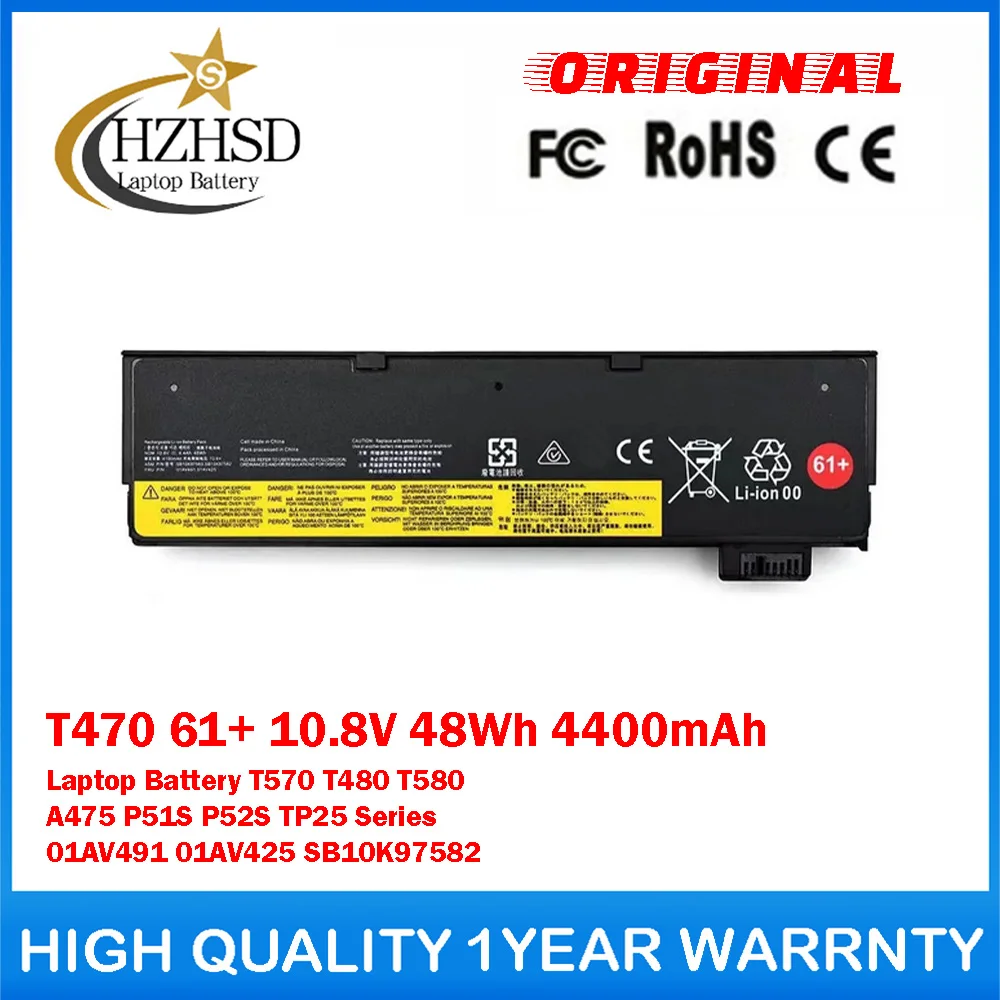 T470 61+ 10.8V 48Wh 4400mAh Genuine Original Laptop Battery For Lenovo T570 T480 T580 A475 P51S P52S TP25 Series 01AV491 01AV425