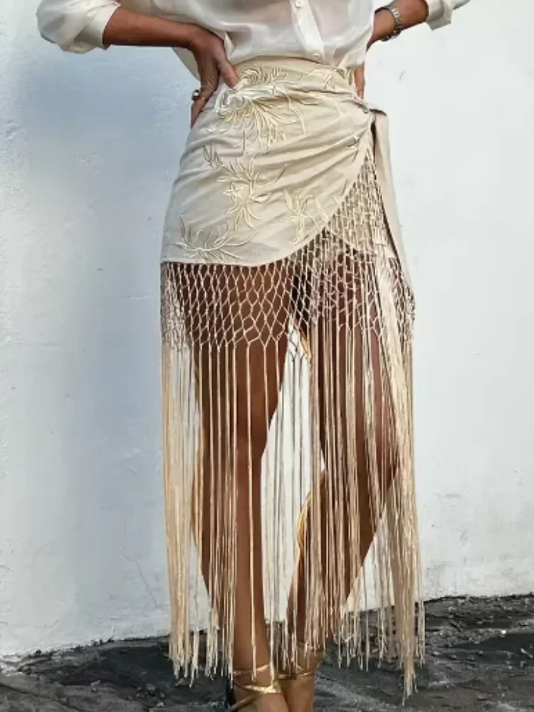 Embroidered Tassel Hem mini Skirt Women Elegant Mesh Hollow Out Short Kilt 2025 Summer New Chic Female Beach Holiday Wear