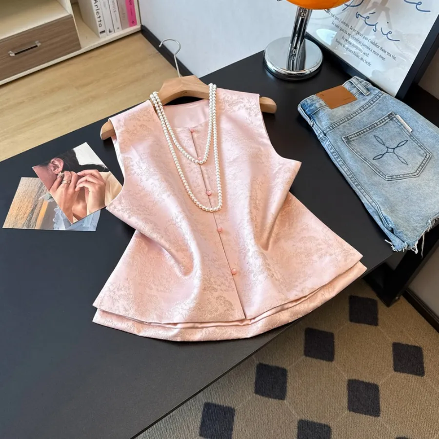 Handmade Chinese Style Reformed National Trend Satin Surface Embroidery Button Small Stand Collar High End Vest Top Coat
