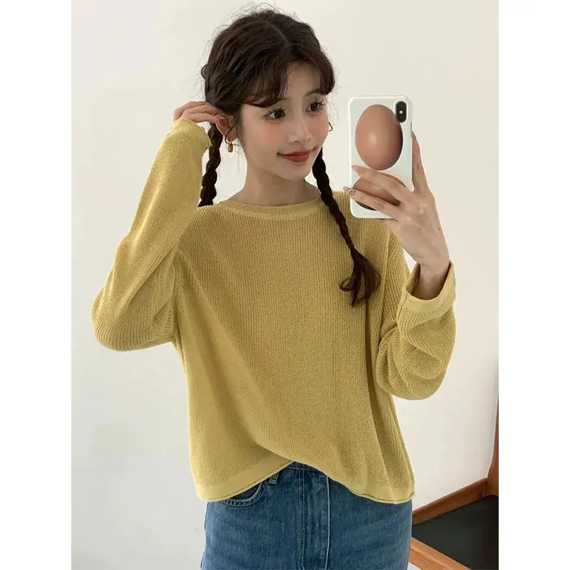 Luźny, swobodny sweter z lnu na lato i jesień w stylu Dongdaemun, dziergany, chroniący przed słońcem, o słodkim wyglądzie.