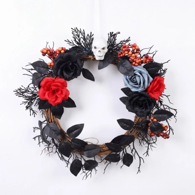 Halloween black rose & dry branch wreath door hanging decor. Artificial vine ring prop for festivals, wall display & photoshoot.