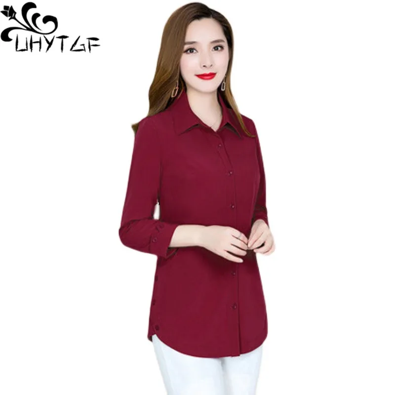 

UHYTGF Fashion Woman Blouses 2022 Long Sleeve Single Breasted Casual Female Spring Shirt Solid Korean Slim 5XLPlus Size Top 1730