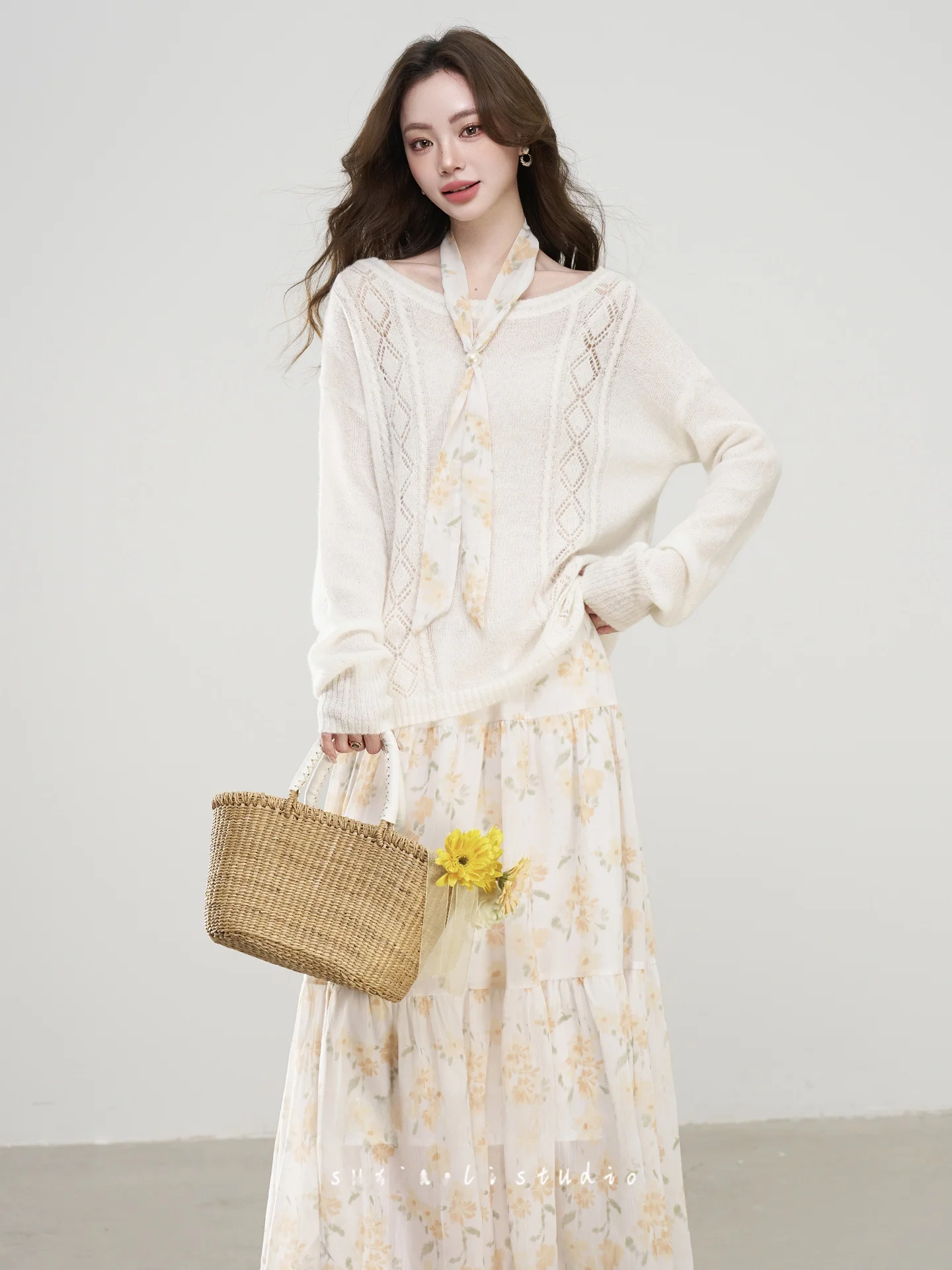 

Spring New Lazy Peach Knitted Cover up Floral f Skirt Beautiful Two Piece Set Women's Faion Ensemble Korean Loose Fit