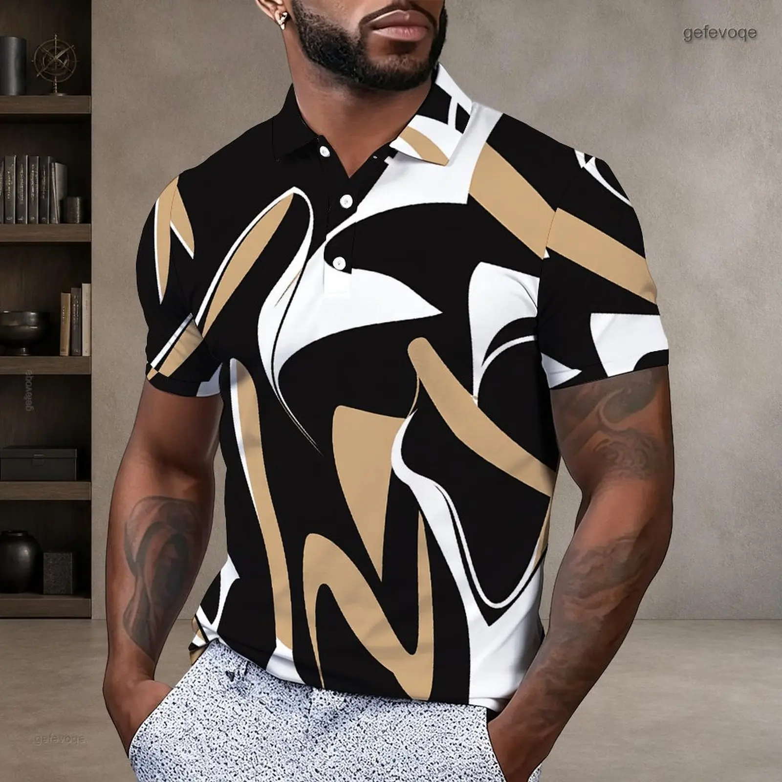 Men Printed Polo Shirt Short Sleeve Collared Neck Button Placket