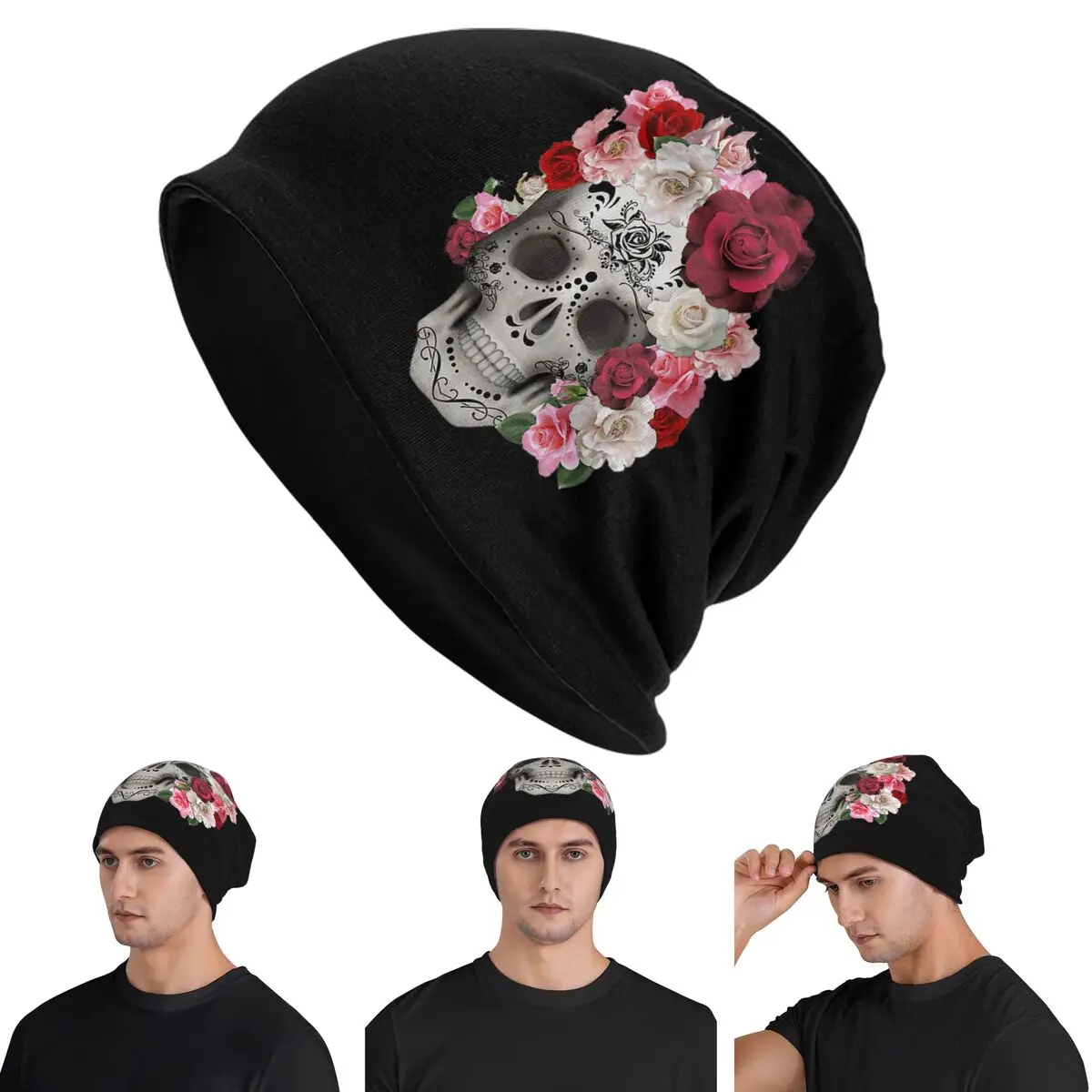 

Шапки-бини с сахарным черепом и розами Skullies, теплая осенне-зимняя уличная шапка, вязаные шапки для мужчин, женщин и взрослых