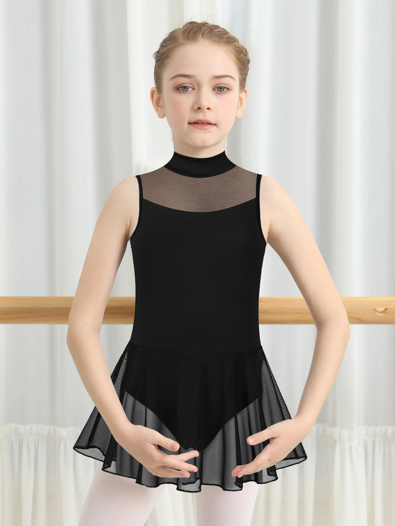 

Girl Ballet Dance Leotard Elastic Mesh Skirt Mock Neck Double Firm Button Water-drop Back Dance Dress for Toddler
