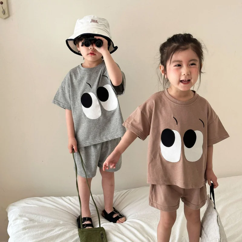 Children's Summer Sports Suit, Pure Cotton, Loose Summer Outfit for Boys, New Style, Short-Sleeved Two-Piece Set for Girls with