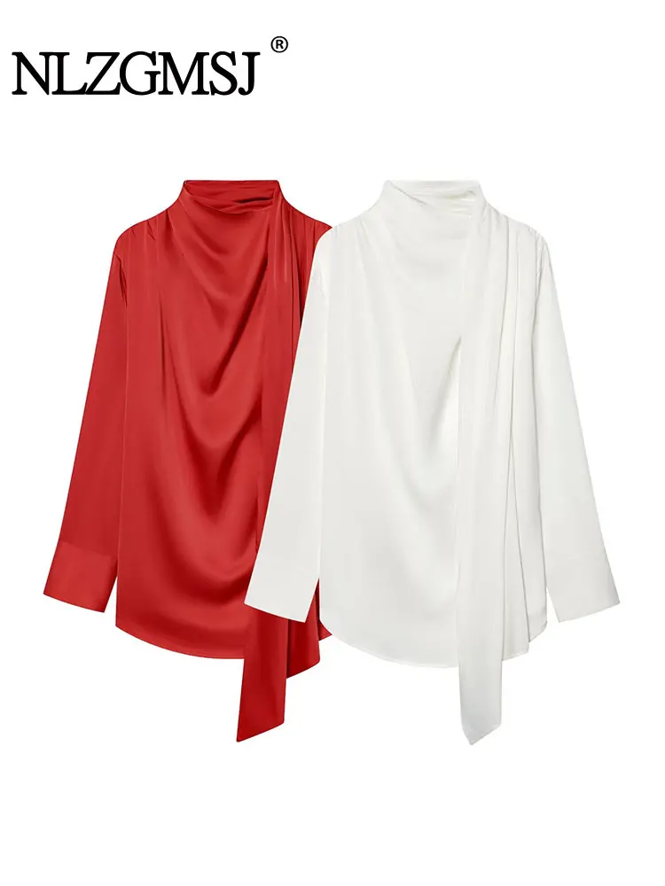 

NLZGMSJ 2026 Christmas New Year Chic Satin Tops Long Sleeve Scarf Blouses Fashion Evening Party Girl Tops