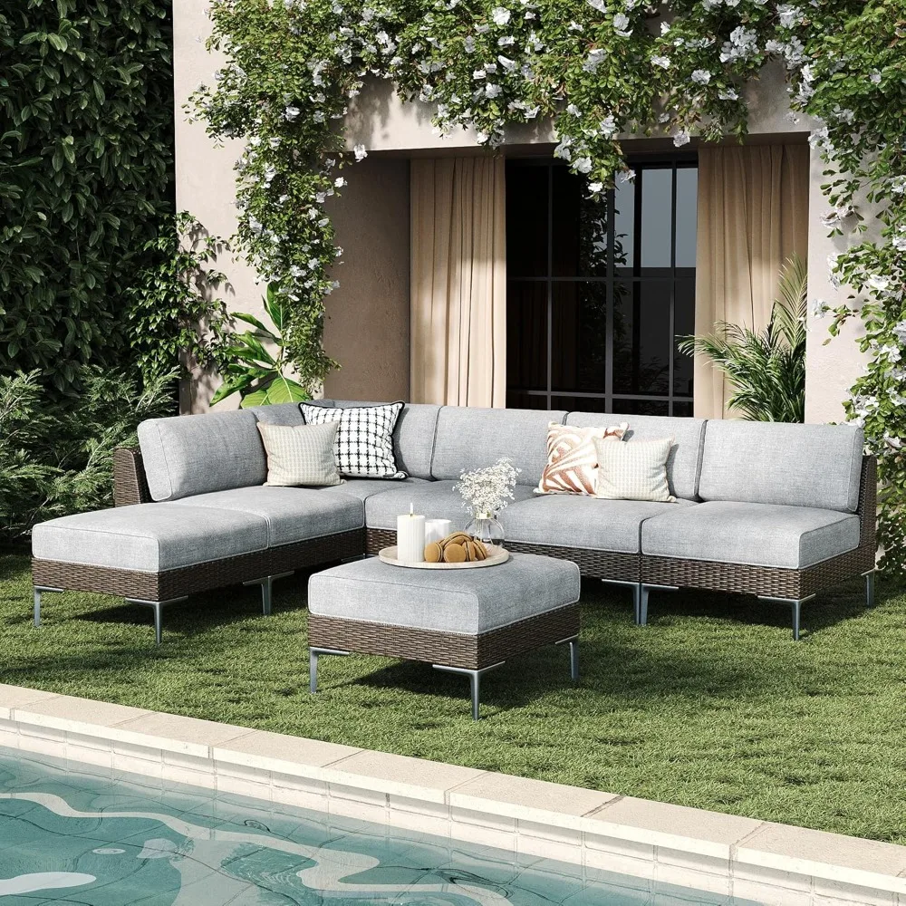 

7-Piece Wicker Rattan Patio Furniture Set, Deep Seating Outdoor Modular Sectional Sofa Conversation Set with Thick Cushions