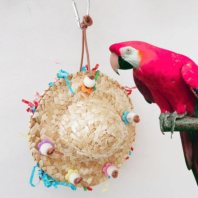 Handmade Straw Weaving Cap Shape Parrots Chew Toy Birdcage Hanging Swing Toy Bird Chew Toy Standing Perches for Cockatiel Conure