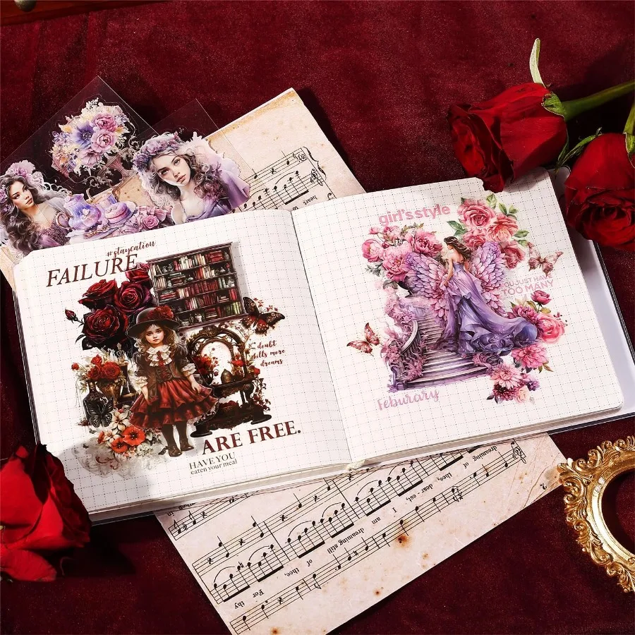 Vintage Scrapbook Stickers Set Baroque Garden Girl Pre-Cut Sticker Book for Adults Sticker Journaling Stickers for Scrapbooking
