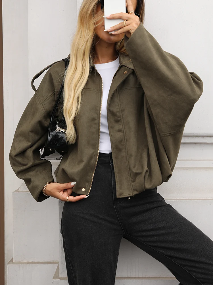 Ailegogo New Spring Women Loose Faux Suede Green Coat Casual Female Zipper Jacket Outwear