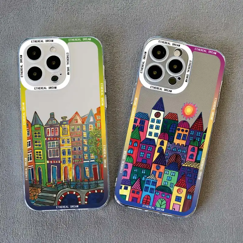 Cartoon Colourful Painted House Clear Phone Case For iPhone 15 14 13 12 11 Pro Max X XR XS 7 8 Plus SE2 Transparent Cover Fundas