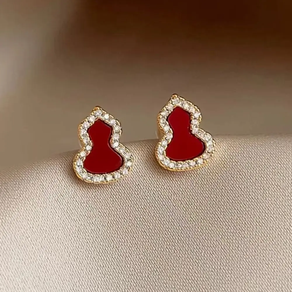 Chinese Lucky Gourd Stud Earrings for Women White Red Acrylic Rhinestones Frame Exquisite Temperament Earrings Trendy Jewelry