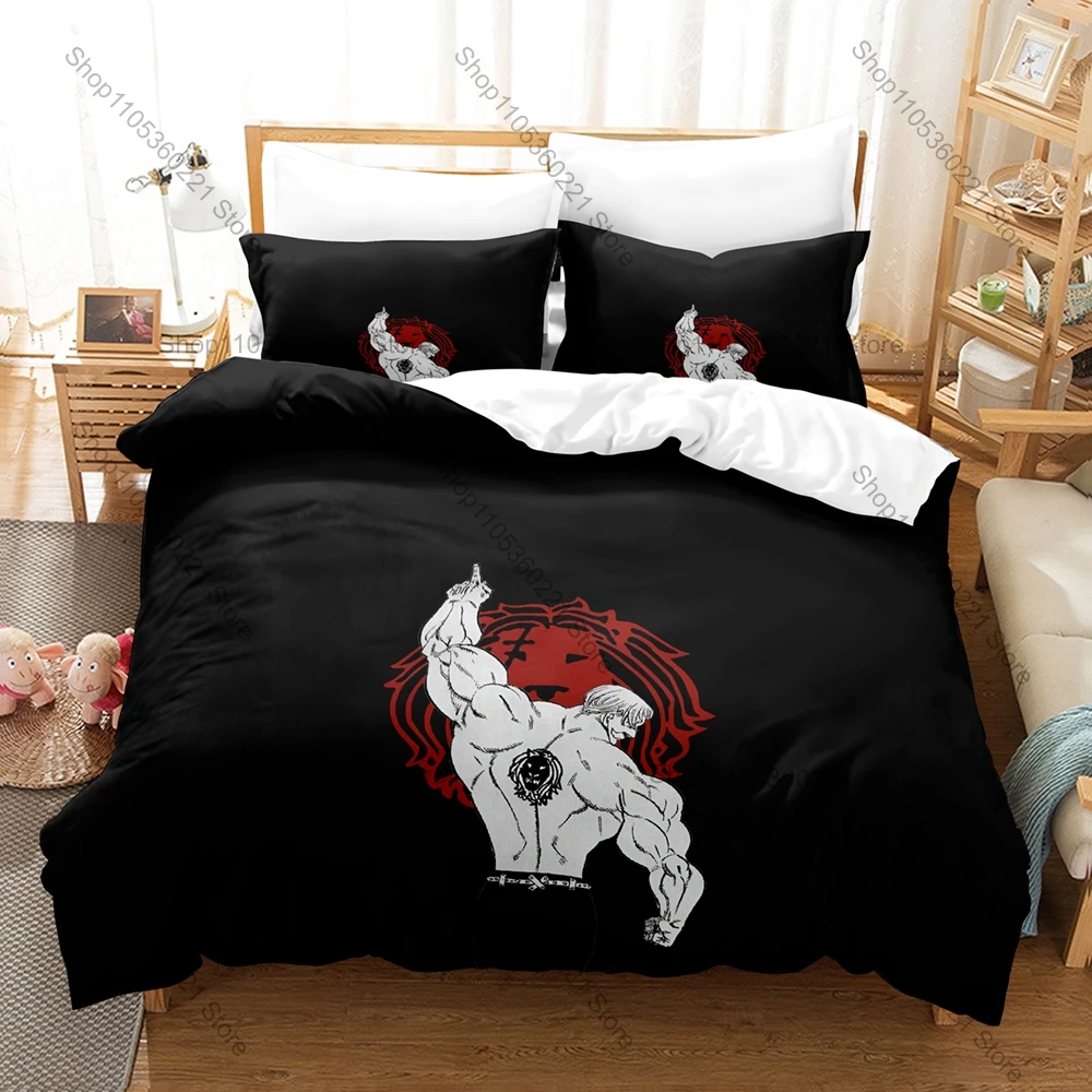 Lion's Sin of Pride Escanor Sunshine Axe Rhitta Golden Flame Print Duvet Cover + 2 Pillowcases Anime Fan 3pcs Bedding Set