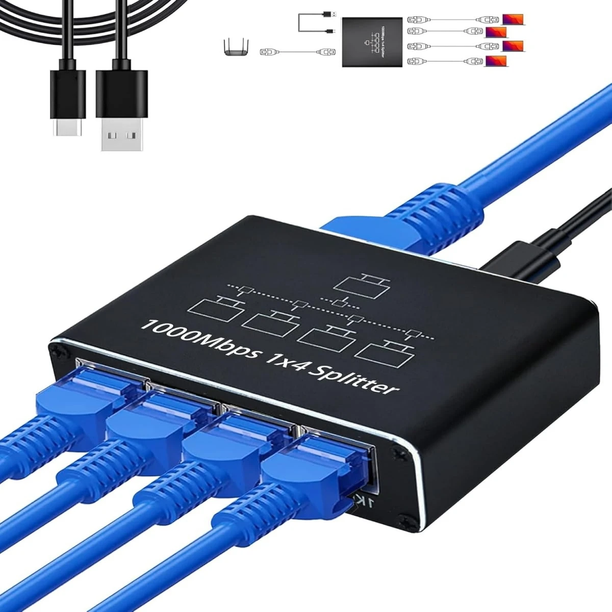 

1000Mbps Gigabit Ethernet Splitter with USB Power Cord RJ45 1 in 2/3/4 Out for Cat6/7/8 Cable 4 Devices Simultaneous Networking