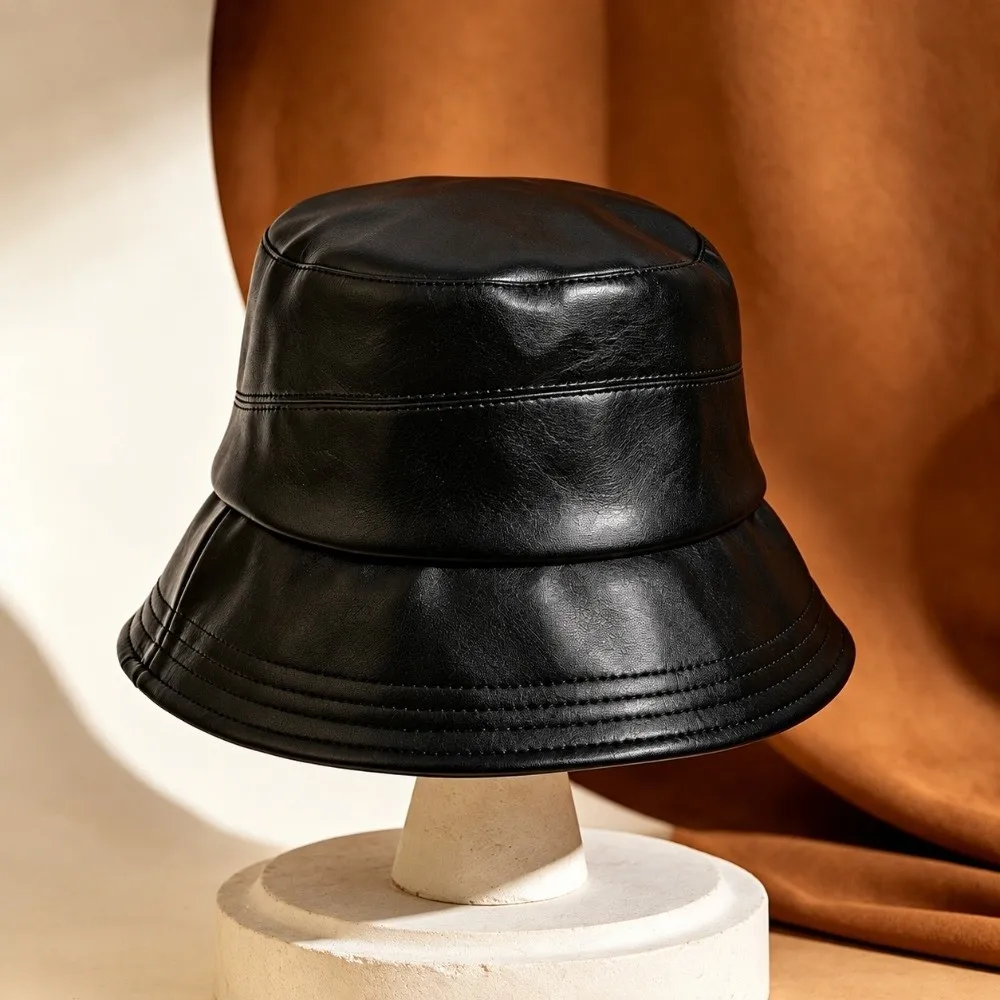 Fashion Solid Color Sun Bucket Hat Packable Lightweight Wide Brim Hat Vintage Style Versatile PU Leather Hat For Women 3