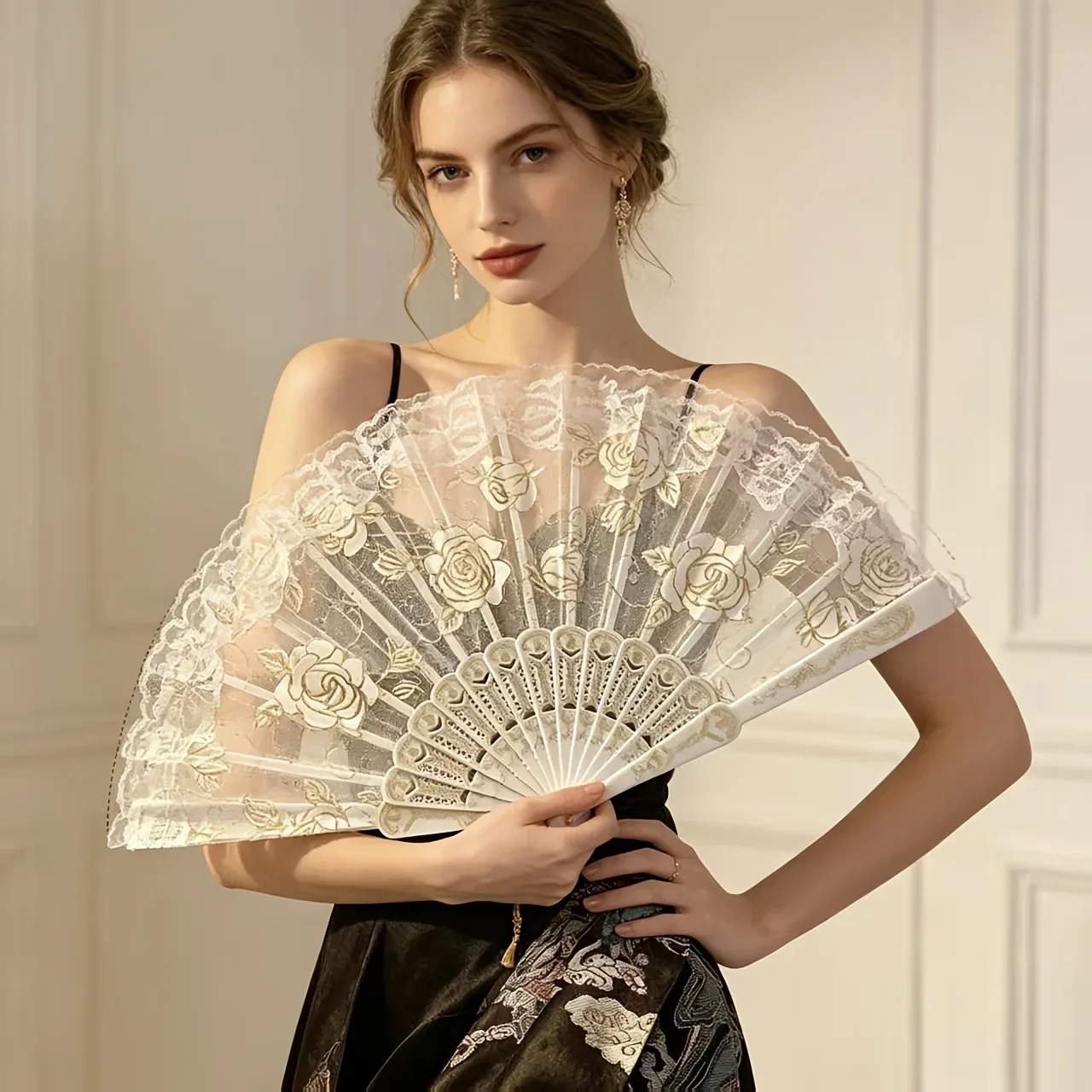 Sommer-Damenfächerfächer im antiken Stil mit Spitze und Rosen-Design für Tanzaufführungen, Fotografie-Requisite, Urlaubs- und Geburtstagsgeschenk – Detail 2